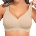 PoseFree Womens Seamless Wireless Supportive Bra Push Up Comfort Soft No Underwire Full Coverage T-Shirt Bra (Beige, M)