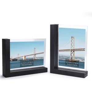 Lavezee 2 Pack 5x7 Picture Frames Made of Black Wooden L-shaped Base with Glass, Double Sided Display Photo Pictures 5 by 7 inch Vertical Horizontal for Tabletop Frame