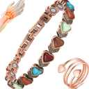 Vicmag Magnetic Copper Bracelets for Women with Natural Turquoise, 3800 Gauss Magnets Adjustable Pure Copper Bracelet & Ring (Love Stone)