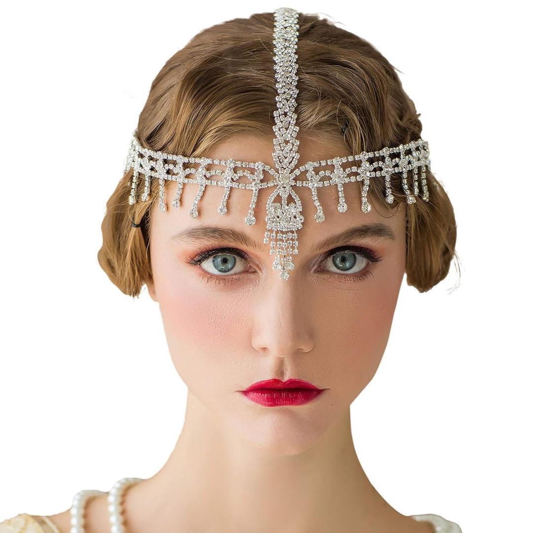SWEETV 1920s Headband Great Gatsby Headpiece Rhinestone 1920s Headband Flapper Hair Accessories for Costume Party Head Cap