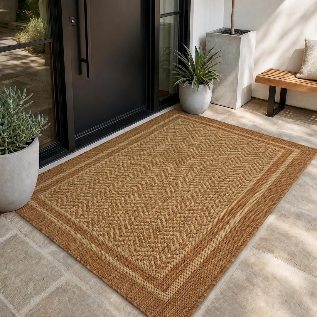 MontVoo-3x5 Outdoor Rug Porch Entryway Rug-Polypropylene Indoor Outdoor Rugs for Entryway Kitchen Balcony Patio, Textured Weave, Durable, Fade-Resistant, Non-Shedding, Boho Geometric Neutral Brown