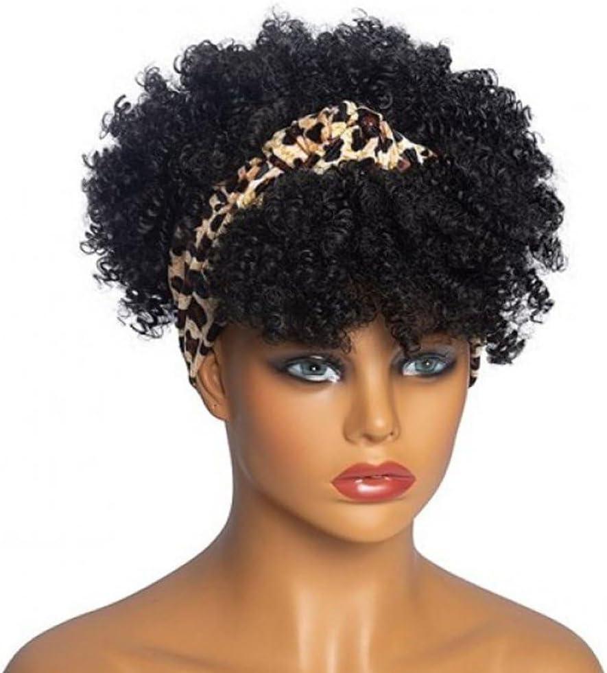 Short Afro Kinky Curly Wigs with Bangs Wrap Headband Wigs 2 in 1 Synthetic Turban Wig Afro Scarf Wig Curly Cosplay Wig