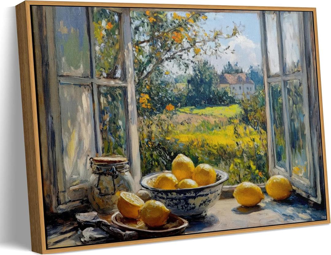 Framed Vintage Kitchen Lemon Wall Art Yellow Lemon Still Life Wall Decor Oil Paintings Vintage Country Farmhouse Window Scene Garden View Prints Artwork for Living Room Dining Home Decoration 16x24