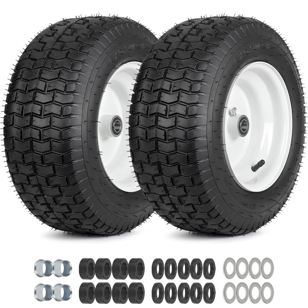 16x6.50-8 Riding Lawn Mower Rubber Tire and Wheel, 2 Pcs Replacement 16x6.5-8nhs Garden Tractor Lawnmower Tyre, Bearing Bore 3/4"& 5/8", 3"-4.5" Centered Hub