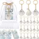 Equsion 24 Sets Seashell Keychain Beach Party Favor Last Toast on The Coast Party Bulk Gift Beach Shell Charm and Pearl Gift with Organza Bag for Nautical Wedding Baby Shower Bridal Shower (White)