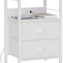 Furologee End Table with Charging Station, Nightstand with Fabric Drawers, Side Tables with USB Ports & Outlets, Night Stand with Storage Shelf & Hooks, for Living Room/Bedroom, White (1 pc)