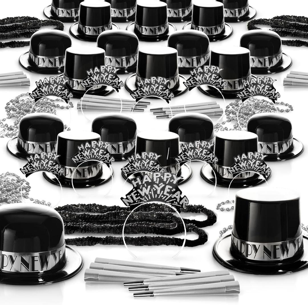Windy City Novelties New Years Eve 2025-250 Piece 100 Guest kit - Silver and Gold with top Hats, Tiaras, Leis, Horns, & Bead Necklaces - All The kit Supplies Your Guests Need in Bulk