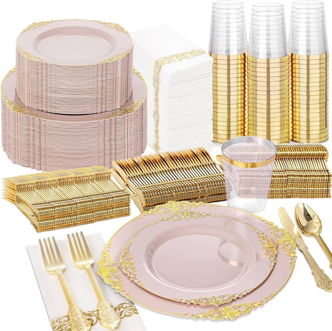 Nervure 350PCS Pink Plastic Plates - Pink Plastic Dinnerware Sets for 50 Guests - 100 Disposable Plates, 150 Gold Silverware, 50 Cups, 50 Napkins Perfect for Wedding & Party & Valentines