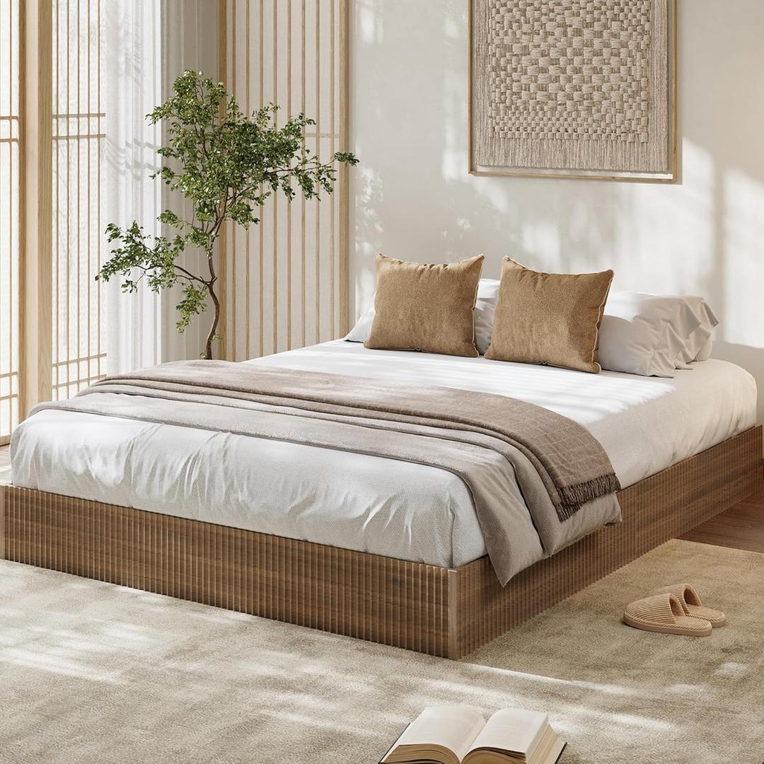Garvee Queen Bed Frame, Wood Platform Bed with Fluted Design, Low Profile BedFrame, Minimalist Bed Base with Noise-Free, Easy Assembly, No Box Spring Needed, Walnut