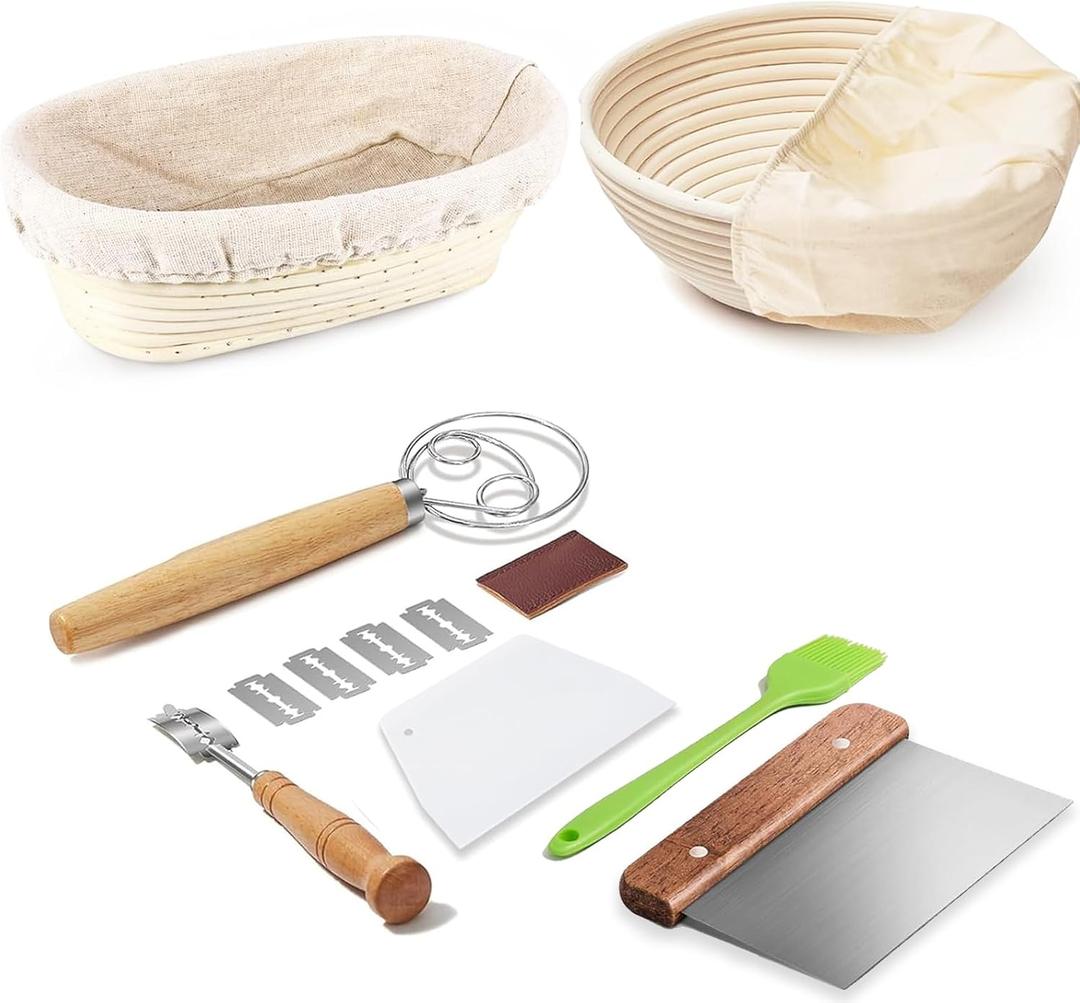 Dimpola Banneton Bread Proofing Basket Banneton Basket Set Sourdough Proofing Basket Round Proofing Bowls Handmade Rattan Baskets and Liners (Oval & Round Baking Set)