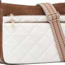 FOXLOVER Quilted Crossbody Bags for Women Trendy vegan Leather Hobo bag Shoulder purses With Wide Strap (White Brown)