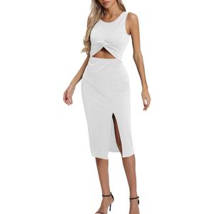 Women's Summer Dress with Slit Sleeveless Crew Neck Cutout Twist Front Crisscorss Ribbed Knit Bodycon Midi Casual Dresses (White, L)