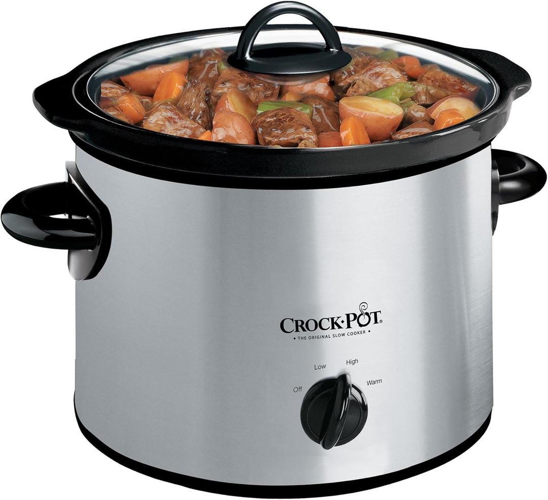 Crock-Pot 3-Quart Manual Slow Cooker, Serves 3+ People, Great for Small Meals, Dips, & Sides; Removable Stoneware is Oven & Dishwasher-Safe, Stainless Steel