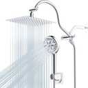 Hibbent All Metal Shower Head, 8'' High Pressure Rainfall Shower Head, Handheld Showerhead Combo with 12'' Adjustable Curved Extension Arm, 10-Spray, 71'' Hose, Adhesive Showerhead Holder, Chrome