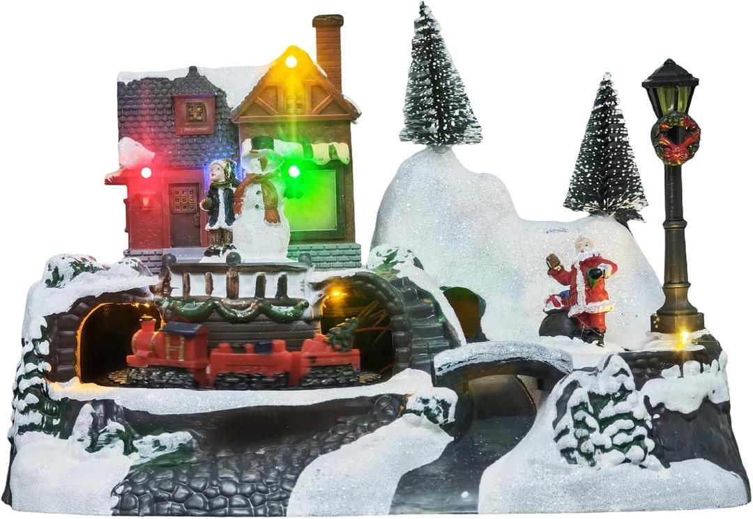 Christmas Village Houses - Colorful Animated Scenes with Rotating Train & Santa, Musical Christmas Village Train Collectible Building for Xmas Indoor Decoration