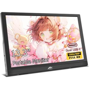 Kenowa 13.3 Inch Portable Monitor FHD 1366x768P LED External Display with USB-C HDMI, Travel Monitor for Latop PC Phone Mac PS4/5 Xbox, Built in Speakers