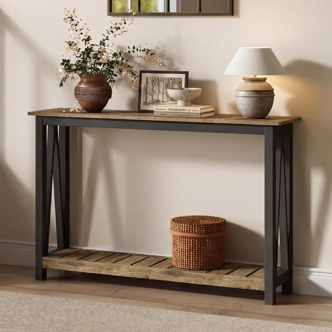 ChooChoo Farmhouse Console Table, Rustic Vintage Narrow Sofa Table for Entryway, Living Room, Hallway, 47 Rustic Oak & Black (11.8"D x 47.2"W x 31.5"H)