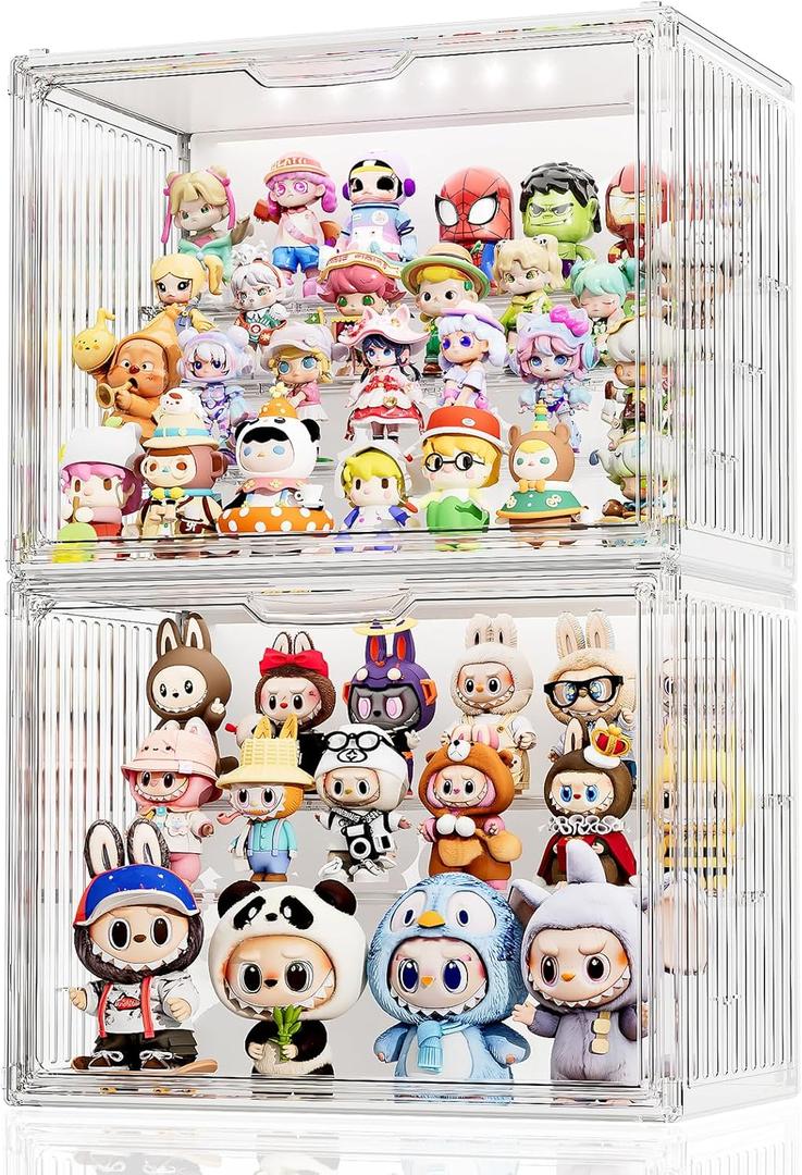 JOYZAN Clear Acrylic Display Case with Lights, 4 Tier LED Display Case for Collectibles 14.2" x 8.67" x 10.6" Stackable Lighted Display Box with Magnetic Door - Large 2 Packs