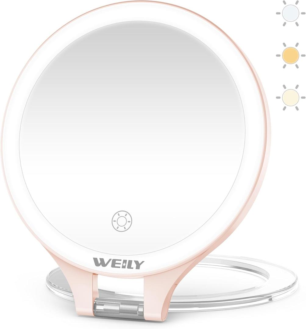 WEILY Magnifying Makeup Mirror 10X/1X, Travel Mirror with Light, Double Sided Rechargeable Mirror with 3 Color Lights for Makeup, Tweezing, Blackhead and Come Done Removal (Pink)
