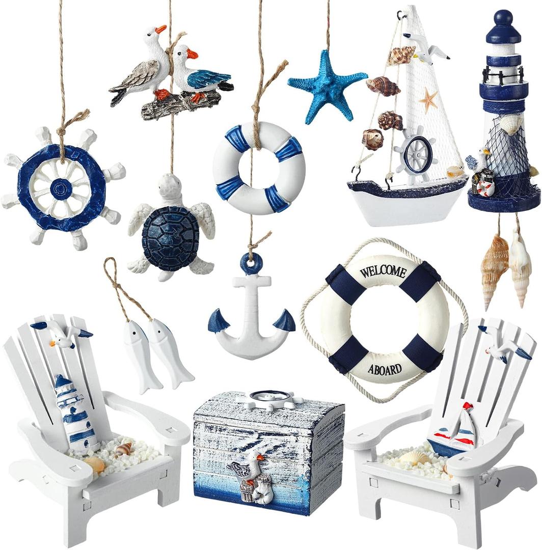 Yousoontic 14 Pack Mini Wood Nautical Home Decor Mediterranean Style Lighthouse, Beach Chair, Sailboat, Wood Box, Anchor, Life Ring, Starfish, Fish Pendant, Swimming Ring, Long Conch, Helmsman, Birds