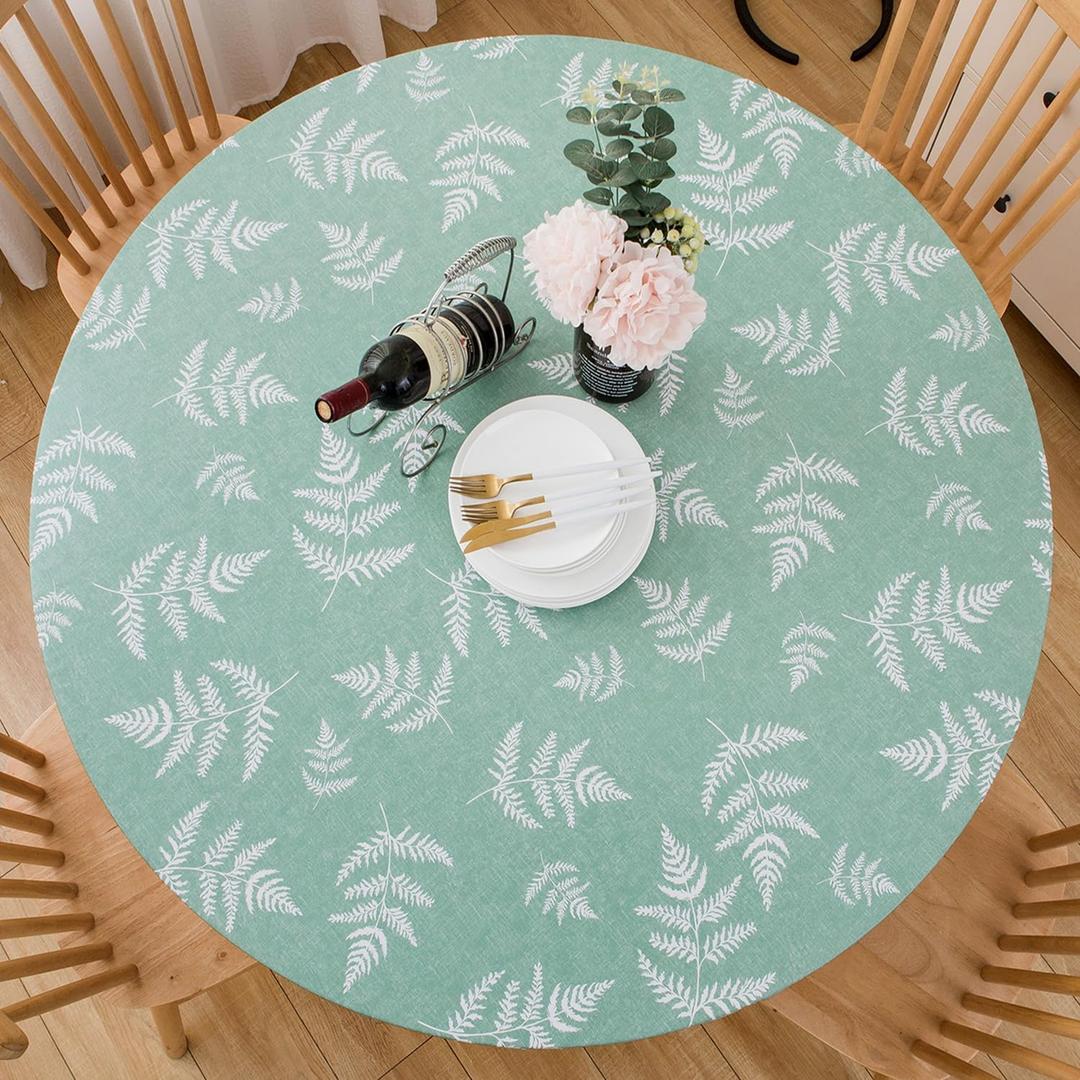 Round Vinyl Fitted Tablecloth with Flannel Backing Elastic Table Cloth Waterproof Oil-Proof Plastic Cover (Large Round Fits Table up 45"-56" Diameter, Green Leaves)