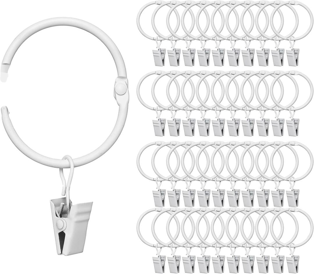 Fivebop 40 Pack Rings Curtain Clips Rustproof Metal Window Drapery Decorative Clips Vintage Heavy Duty Eyelet Curtain Rods Hangers Rings with Hooks, 1.5In Inner Diameter (White-Open)