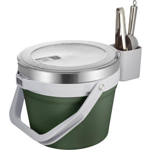 COKTIK 7L Vacuum Insulated Ice Bucket with Lid and Scoop& Tongs，Large capacity Stainless Steel Beverage Bucket for Cocktail, Champagne, Wine, Beer，Large Parties（Army Green Suit）