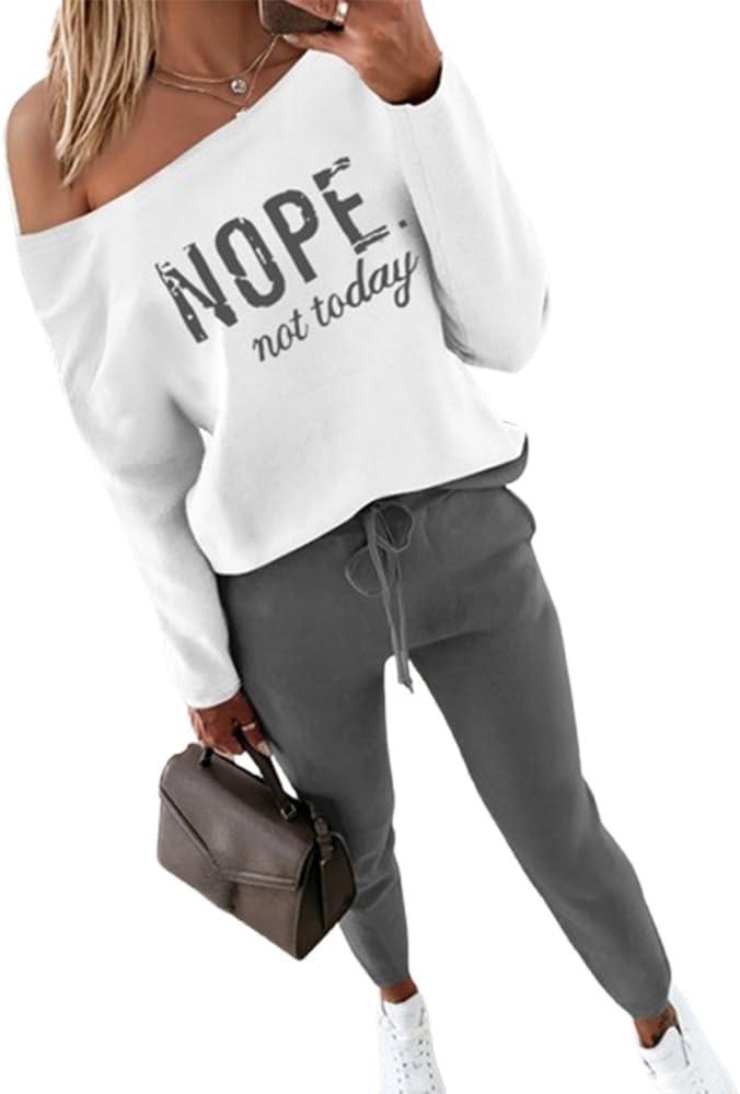 CHICME Women Tracksuit Fall 2 piece Outfits Off The Shoulder Long Sleeve Tops and Pants Set Travel Outfits (L)