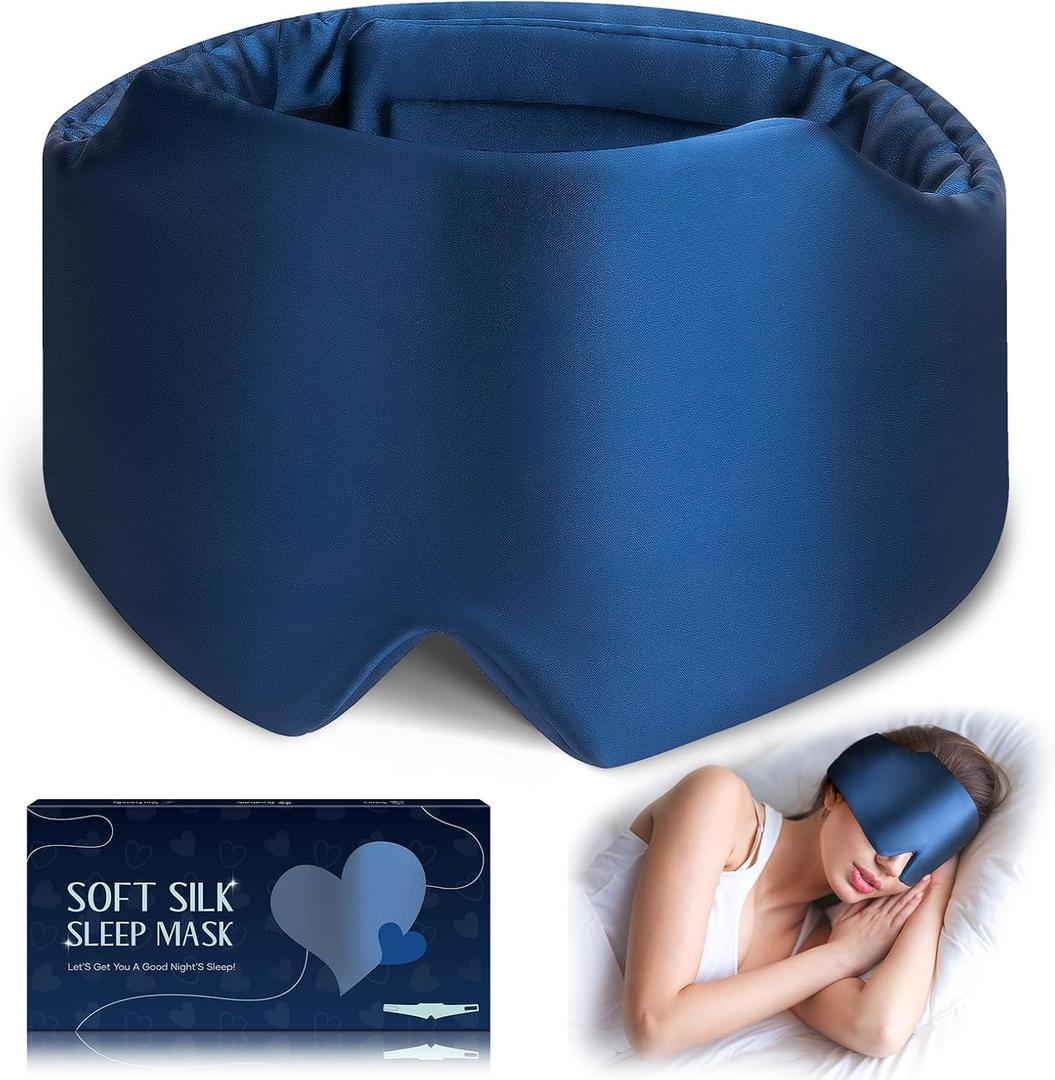 Silk Sleep Mask, Large Size Eye Mask Face Hugging Padded Sleep Blindfold Silk Eye Cover with Adjustable Band for Total Blackout for All Night Sleep (Navy Blue)