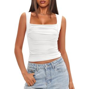Darong Women's Padded Ruched Tank Tops Built in Bra Summer Double Lined Sleeveless Going Out Crop Tops Shirts (White), XS