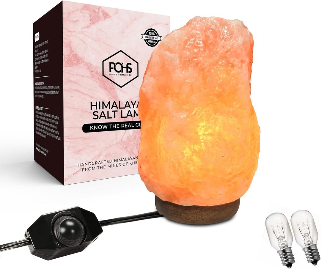 POHS 8-10 Inches (7-11 lb) 100% Authentic Himalayan Pink Salt Lamp  Handcrafted with Dimmable Switch, Wooden Base, and Bulb Replacement Included