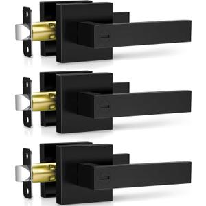 Plustool 3 Pack Matte Black Door Handles, Keyless Interior Door Knobs, Privacy Door Lever Locksets for Bedroom Bathroom, Heavy Duty Square Door Lock, Reversible for Left&Right Handled Doors