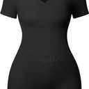 OQQ Women Rompers Short Sleeve V Neck Summer Casual Stretch Overalls Shorts Jumpsuit 2025 Clothes Black, M