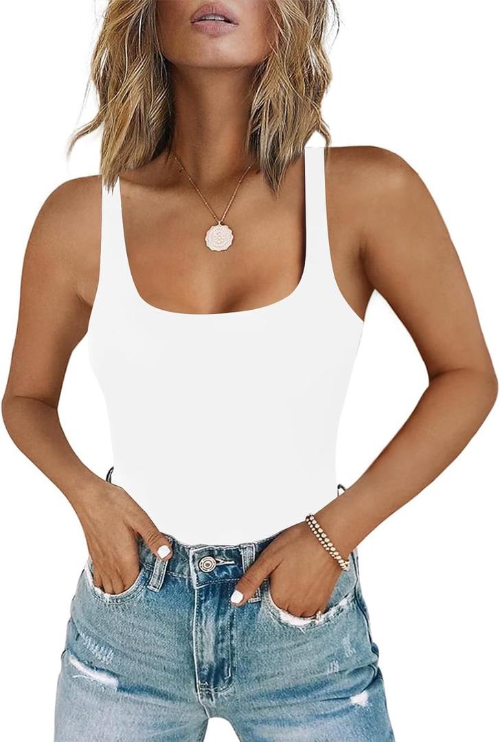 Chunpin Women's Square Neck Tank Bodysuit Sleeveless Tank Top Double Lined Body Suit Going Out Outfits Thong Bodysuits (Large, White)