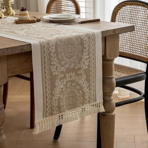 Farmhouse Boho Rustic Neutral Table Runner Decor with Tassel for Kitchen, Dining Table, Coffee Table