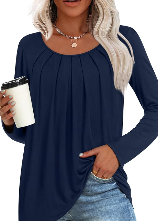 OQQ Women Tops Off The Shoulder Long Sleeve Tunics Casual Shirts Navy Blue M