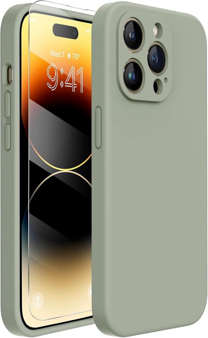 Miracase Designed for iPhone 14 Pro Max Phone Case with Screen Protector,[Upgraded Enhanced Camera Protection],Shockproof Liquid Silicone Case with Microfiber Lining,6.7 inch, Patina Green