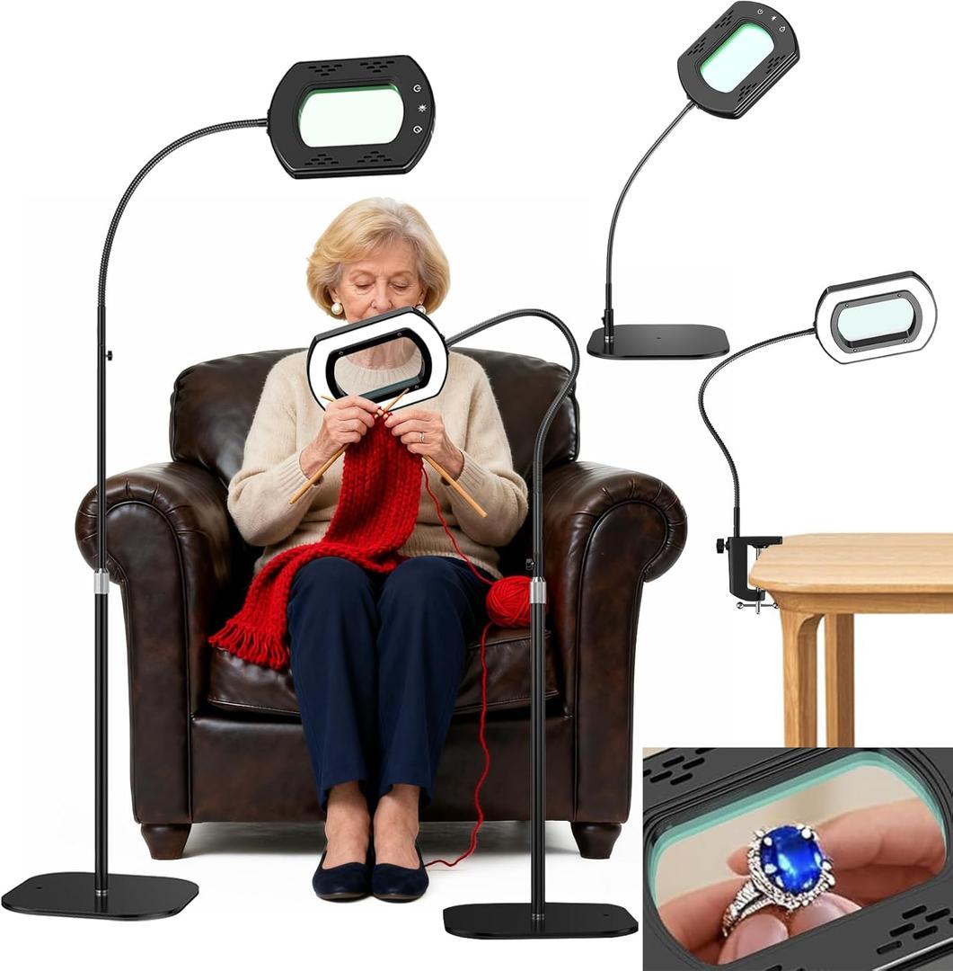 Magnifying Glass with Light and Stand with 10X Rectangle Ultra-Clear Glass Magnifying Lens, Magnifying Glass Table Lamp for Close Work, Reading, Sewing, Crafts, Flexible 3in1 Floor Lamp