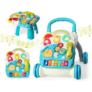 Sit to Stand Baby Walker, Activity Center with Music and Light, Activity Table for Toddlers, Push Toys for Babies Learning to Walk, Early Education Toys for Infant Boys Girls 6 Months Up (Blue)