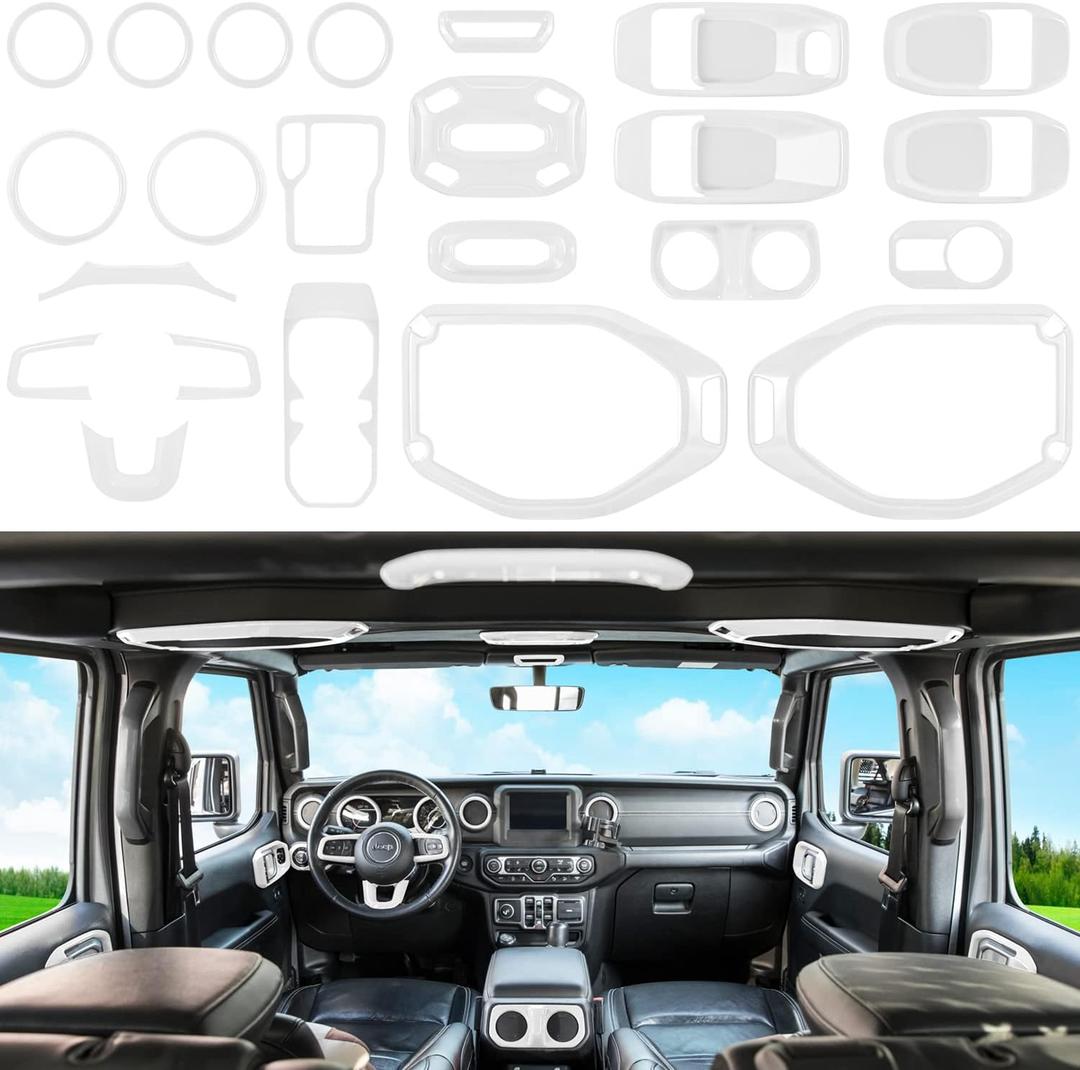 23PCS Full Set Interior Decoration Trim Kit for Jeep Wrangler JL JLU Gladiator JT 2018-2023 Steering Wheel Door Handle Air Conditioning Vent Cup Holder Reading Light Headlight Gear Cover (White)