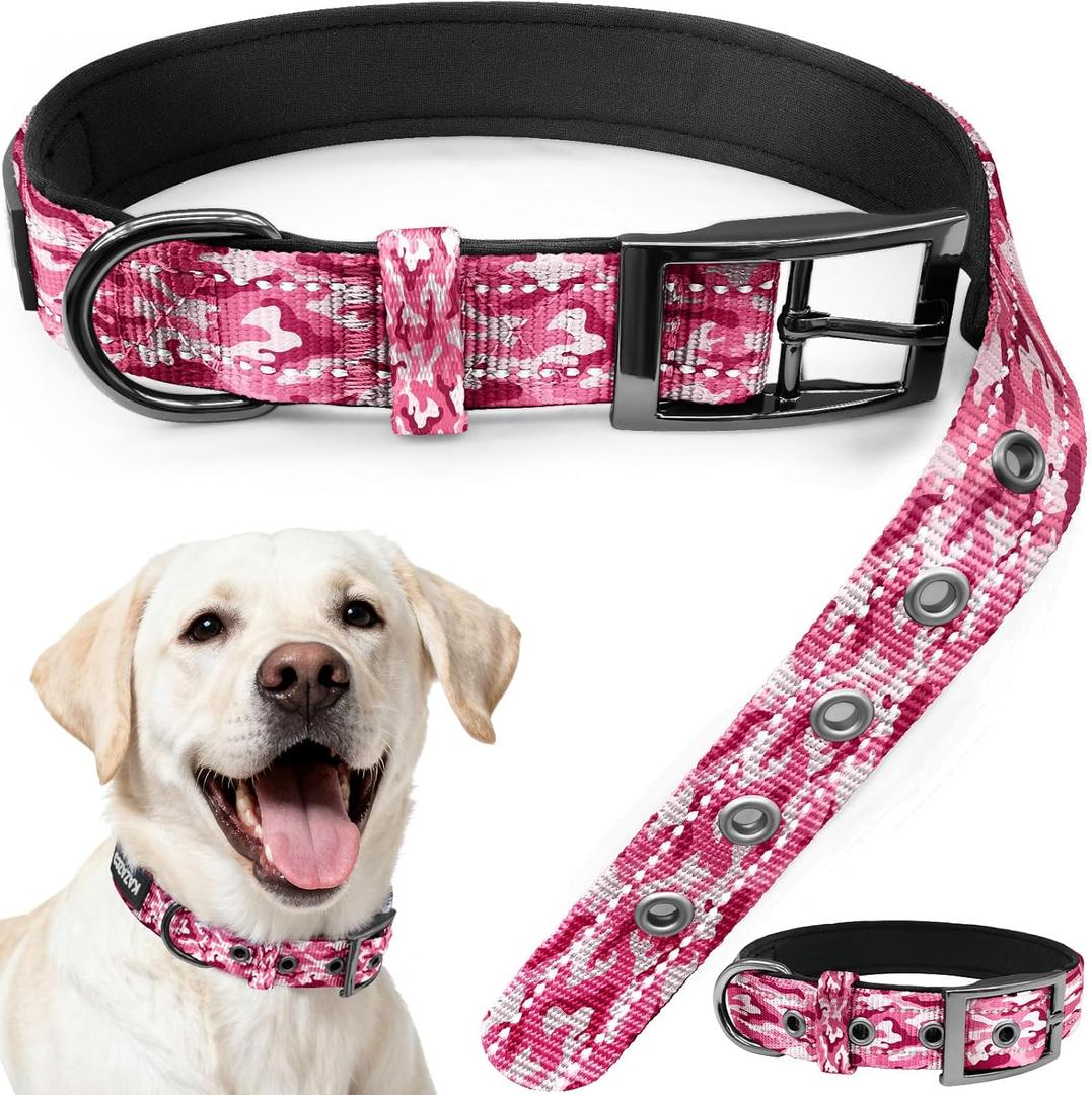 Kazazoo Heavy Duty Tactical Dog Collar Nylon Adjustable Reflective Dog Collar Soft Neoprene Padded for Large Dog, Pink Camo L