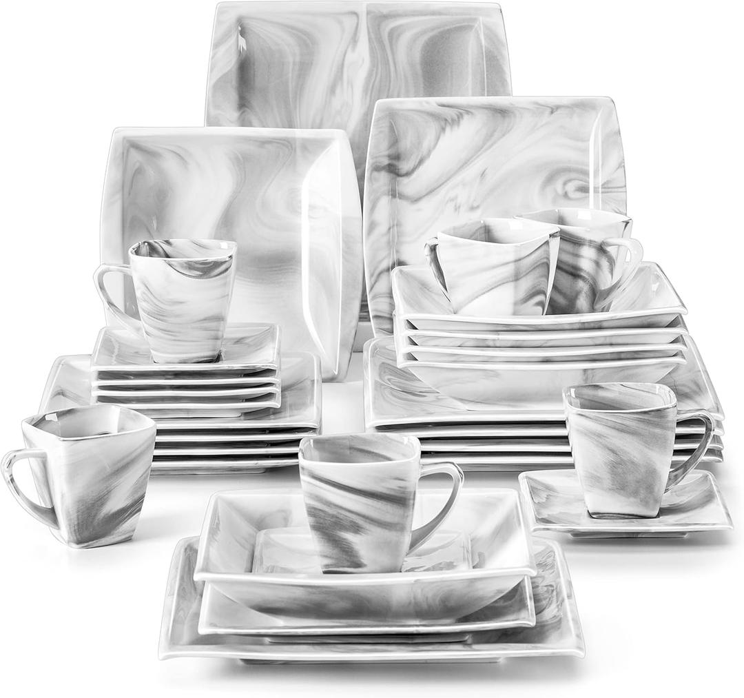 MALACASA Dinnerware Sets, 30 Piece Porcelain Plates and Bowls Sets for 6, Square Dish Set with Dinner Plates Set, Cup and Saucer, Modern Dishware Dishes Microwave Safe, Marble Grey, Series Blance