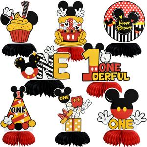 TONIFUL 1st Birthday Black Red Yellow Mouse Themed Table Honeycomb Centerpieces, Red Mouse Table Topper Decor, Letter ONE for First Birthday Party Supplies Party Decorations (8 Pcs)