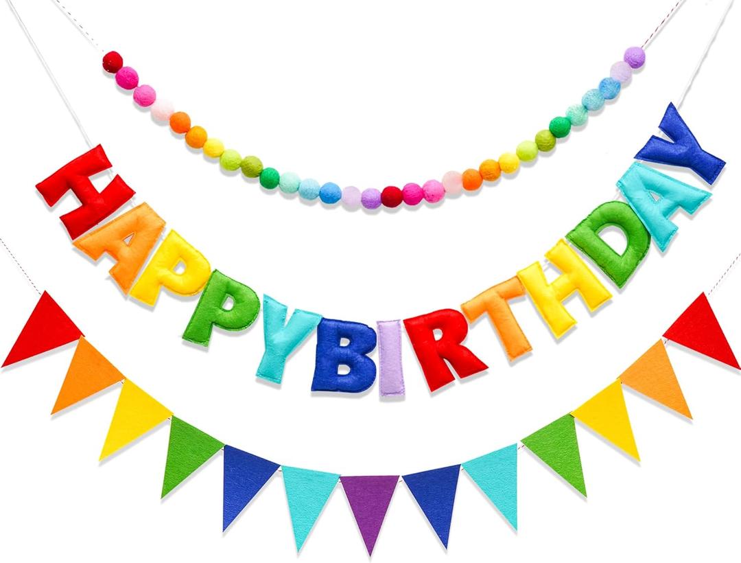 3 Pcs Pre-Strung Happy Birthday Banner, Felt Ball Garland, Pennant Triangle Flags, Rainbow Party Decorations, HAPPY BIRTHDAY Garland, Personalized Holiday Sign for Birthday Decor, Party Supplies, Photo Prop ( Felt Banner + Pennant Flags + Rainbow Balls)