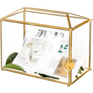 NCYP Small 10.2" x 5.9" x 7.9" Glass Cards Box with Slot and Lock for Wedding Reception - Home Birthdays Party Geometric Decorative, Gold - Slot Length 6.3 Inches (Glass Box Only)
