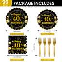 EVYIENEN 96Pcs 40th Birthday Party Tableware Set,Back in 1965 Birthday Party Decorations Supplies, Disposable Black and Gold 40th Birthdays Paper Plates Napkins Forks Favors for Men Women, Serve 24