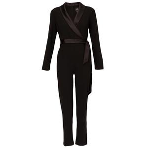 ADRIANNA PAPELL Women's Crepe Tuxedo Jumpsuit | Formal One Piece Jumpsuit with Satin Collar, Waist Sash & Tapered Legs Black 12