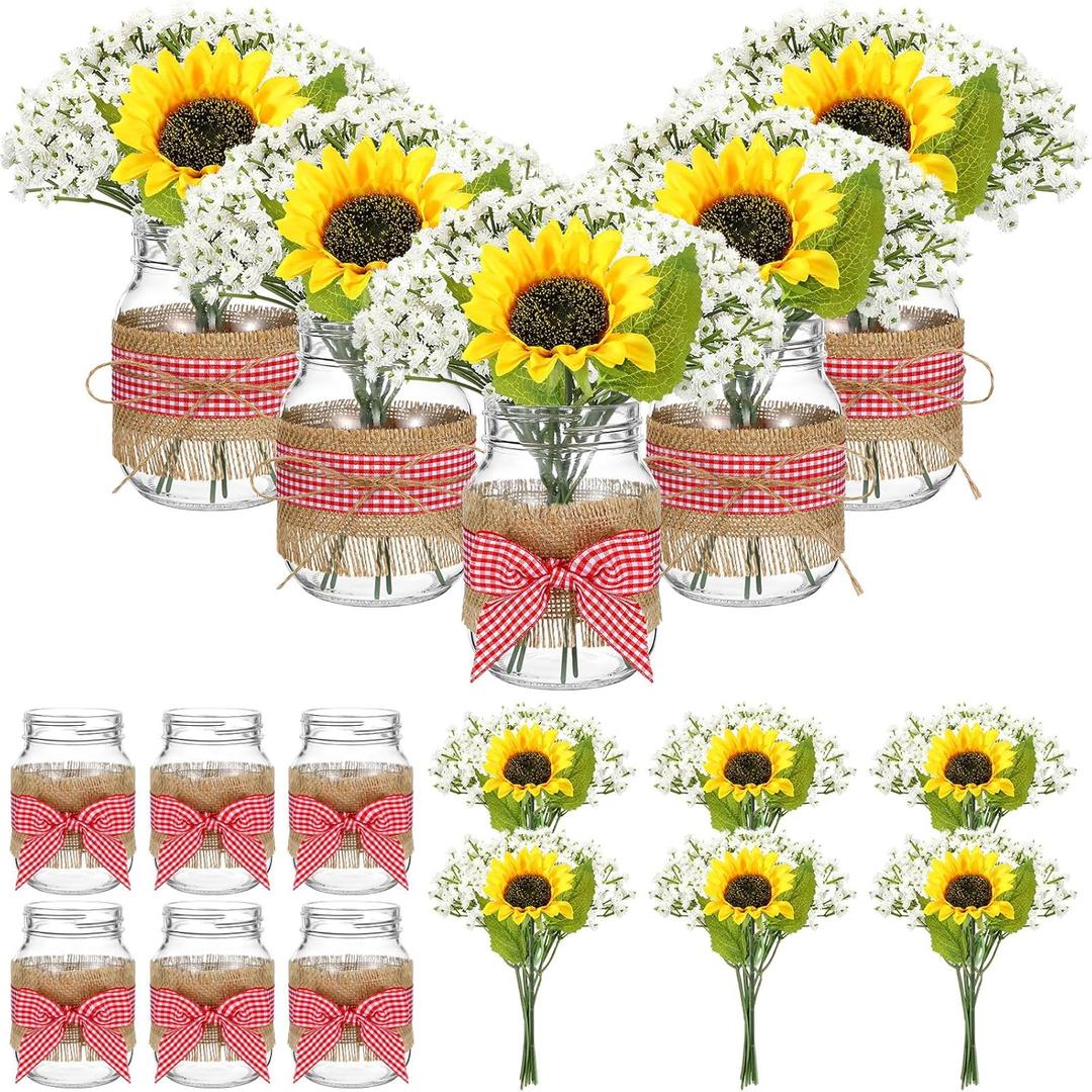 Daifunli 6 Set Picnic Party Centerpieces for Table Mason Jar Table Decor with Artificial Flowers Red Gingham Ribbon for Picnic Birthday Party BBQ Baby Shower Wedding(6,Sunflower & Baby's Breath)