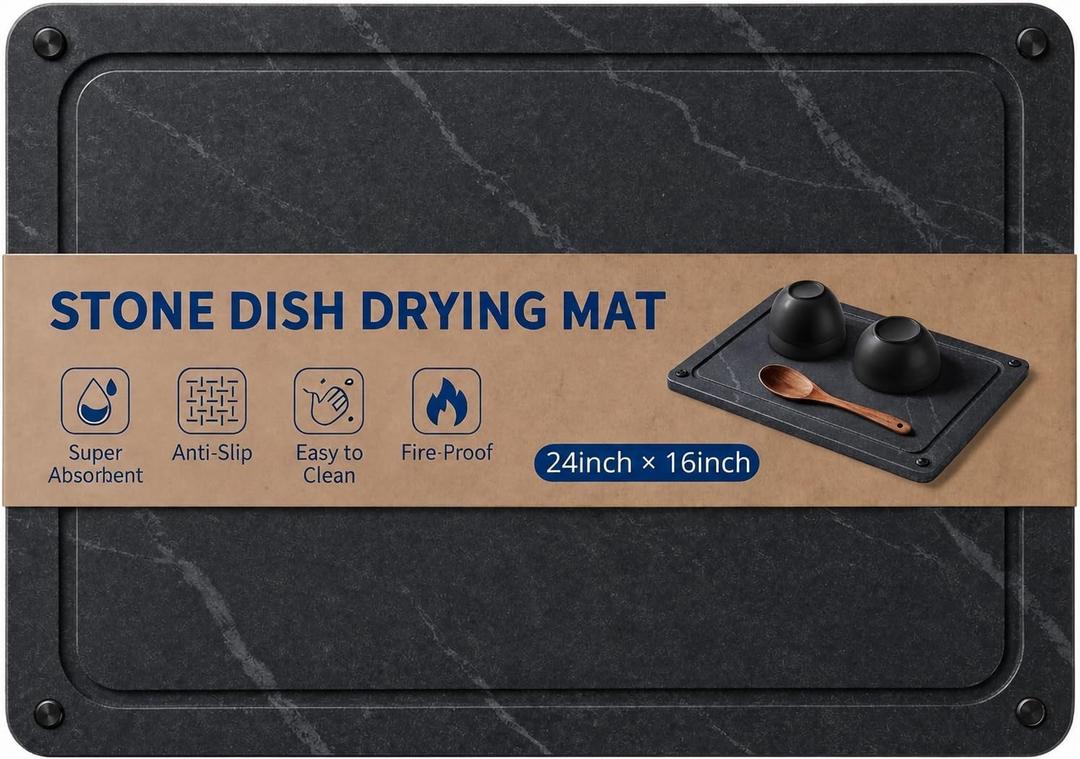 Black Stone Drying Mat for Kitchen Counter 24"x16” Soapstone Drying Mat