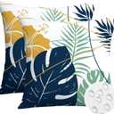 OTOSTAR Outdoor Waterproof Throw Pillow Covers 18x18 Inch Set of 2 Double-Sided Dark Blue Yellow Tropical Leaf and Flower Spring Summer Decorative Pillow Cases for Patio Funiture Garden Balcony Couch
